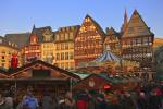 Stock photo of bright Christmas markets in front of the town in the Romerplatz, Frankfurt, Hessen, Germany, Europe.
