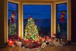 Stock photo of a Christmas scene with tree, lights and decorations in a window at dusk, The Artists Point, Hyde Creek, Port McNeill, Northern Vancouver Island, Vancouver Island, British Columbia, Canada.