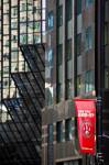 Stock photo of the glass facades of modern office buildings with a red flag advertising for the Toronto Raptors basketball team