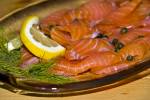 Stock photo of salmon slices laid out on a platter at the Rifflin' Hitch Lodge in Southern Labrador, Labrador, Canada.