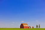 Stock photo of red barns in the middle of a large flat field in the prairie land of southern Saskatchewan, Canada.
