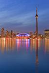 Stock photo of Toronto's skyline at night as seen from Centre Island across Lake Ontario in the Toronto Islands.