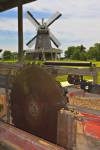 Stock photo of the Windmill as seen from the Sawmill Shelter at the Mennonite Heritage Village in Steinbach, Manitoba, Canada.