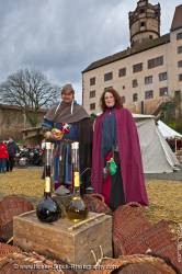 Couple dressed medieval clothing medieval market grounds Ronneburg Germany