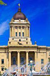 Manitoba Legislative Building seen from Manitoba Plaza in the City of Winnipeg in Manitoba Canada