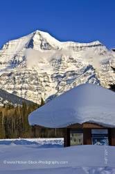 Snow Capped Mount Robson against Blue Sky in Mount Robson Provincial Park British Columbia Canada 