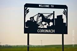 Welcome sign town of Coronach in the Big Muddy Badlands regions of Southern Saskatchewan Canada