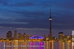 Skyline of Toronto with CN Tower and Rogers Centre at Dusk over Lake Ontario City of Toronto Ontario