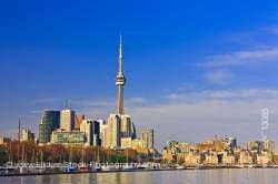 City of Toronto as seen from Ontario Place in Toronto Lake Ontario Ontario Canada Blue Sky