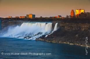 Stock photo of the American Niagara Falls in the state of New York, USA during a golden sunset.