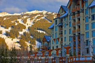 Stock photo of Blackcomb Mountain and the Pan Pacific Hotel seen from along the Village Stroll, Whistler Village, British Columbia, Canada.