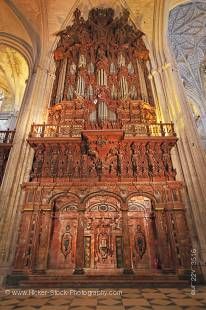 Stock photo of Pipe organ inside the Seville Cathedral and La Giralda (bell tower/minaret), a UNESCO World Heritage Site, Santa Cruz District, City of Sevilla (Seville), Province of Sevilla, Andalusia (Andalucia), Spain, Europe.