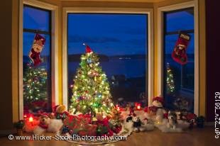 Stock photo of a Christmas scene with tree, lights and decorations in a window at dusk, The Artists Point, Hyde Creek, Port McNeill, Northern Vancouver Island, Vancouver Island, British Columbia, Canada.