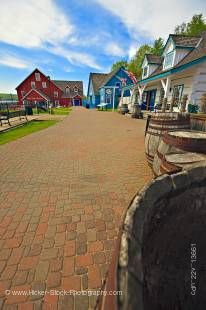 Stock photo of the entrance and walkway to Discovery Harbour and King's Wharf on the shores of Penetanguishene Bay in the town of Midland, Ontario, Canada.