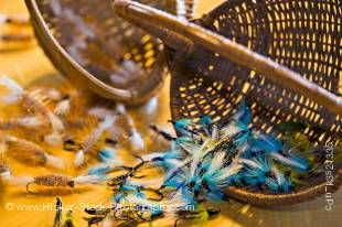 Stock photo of fly fishing flies at Rifflin' Hitch Lodge, Eagle River, Southern Labrador, Labrador, Newfoundland Labrador, Canada.