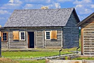 Stock photo of log cabins at the Last Mountain House Provincial Park, Saskatchewan, Canada.