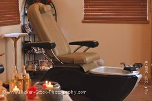Stock photo of a relaxing pedicure spa chair at the Black Bear Resort & Spa, Port McNeill, Northern Vancouver Island, Vancouver Island, British Columbia, Canada.