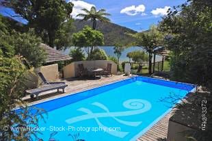 Stock photo of a refreshing swimming pool at Punga Cove Resort in Endeavour Inlet, Queen Charlotte Sound, Marlborough, South Island, New Zealand.