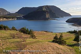 Stock photo of view across Bottle Cove towards the town site of Little Port at the end of the Humber Arm near Lark Harbour, Newfoundland, Canada.