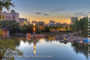 Stock photo of The Assiniboine River Marina and the Market and Tower at The Forks, a National Historic Site in the City of Winnipeg, Manitoba, Canada.