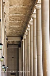 Stock photo of historic architectural detail of stone columns and vaulted ceiling at the entrance to the Union Station railway terminal in Downtown Toronto, Ontario, Canada.