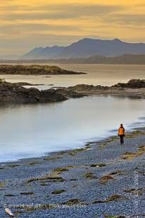 Stock photo of a woman walking along South Beach after sunset in Pacific Rim National Park, Long Beach Unit, West Coast, Pacific Ocean, Vancouver Island, British Columbia, Canada.