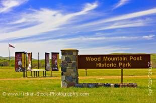 Stock photo of a sign at the entrance to Wood Mountain Post Provincial Historic Park, Saskatchewan, Canada.