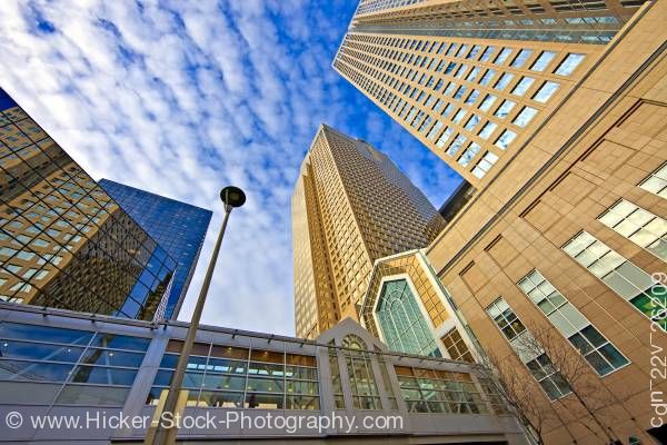 Stock photo of Bankers Hall Twin Towers Plus 15 Skywalk Connecting Bridge Blue Sky City Of Calgary Alberta Canada 