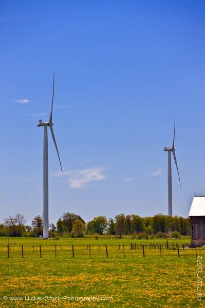 Stock photo of Two windmills alternative energy Bruce Peninsula Ontario Canada