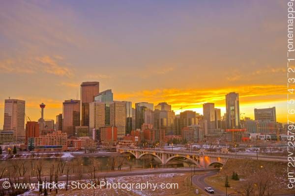 Stock photo of View at Calgary Skyline at sunset with Centre Street Bridge Alberta