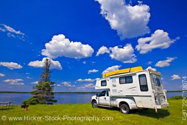 Stock photo of Camper Lake Audy Campground in Riding Mountain National Park Manitoba Canada