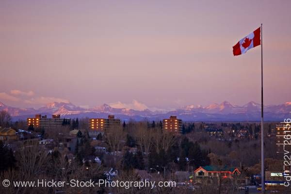 Stock photo of Canadian flag city of Calgary background Canadian Rocky Mountains Alberta