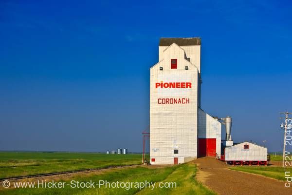 Stock photo of Grain elevator in town of Coronach in Big Muddy Badlands region of Southern Saskatchewan Canada