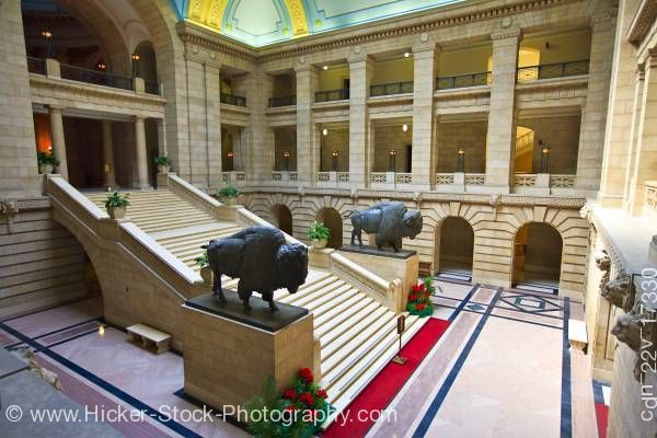 Stock photo of Grand Staircase American Bison Statues Legislative Building City of Winnipeg Manitoba