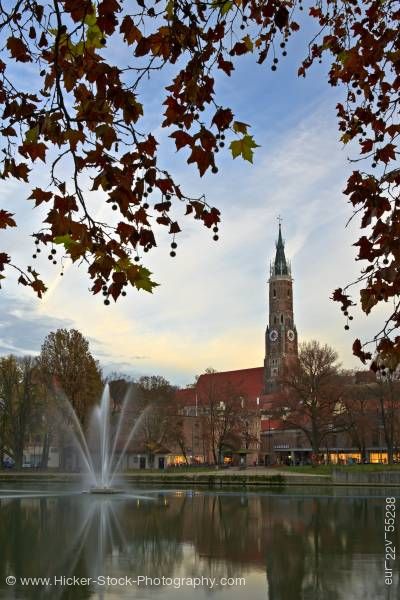 Stock photo of Bell tower of Martinskirche Isar River Fountain City Landshut Bavaria Germany