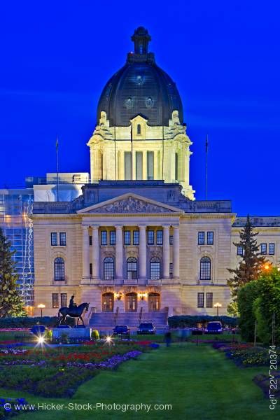 Stock photo of Legislative Building at dusk City of Regina Saskatchewan Canada