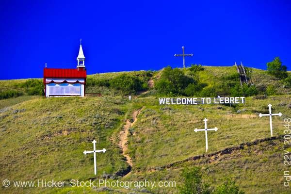 Stock photo of Colorful Mission de Qu'Appelle Church in the town of Lebret Qu'Appelle Valley Saskatchewan Canada