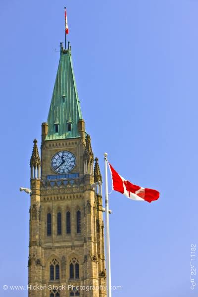 Stock photo of Peace Tower Canadian Flag Blue Sky Parliament Hill City of Ottawa 