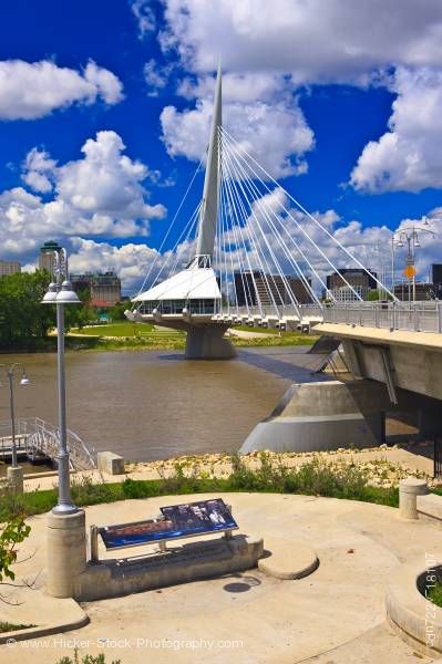 Stock photo of Esplanade Riel Bridge pedestrian Red River in the City of Winnipeg Manitoba Canada 