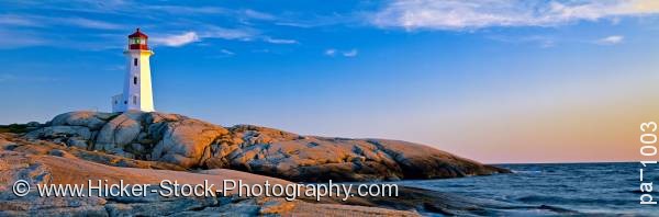Stock photo of Panoramic photo of Peggy's Cove Lighthouse rock formations Nova Scotia