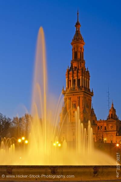Stock photo of Tower and fountain at Plaza de Espana Parque Maria Luisa City of Sevilla Province of Sevilla