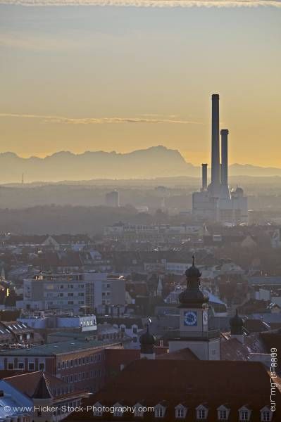 Stock photo of Industrial Power plant in City of Mnchen (Munich) with Bavarian Alps in background Bavaria Germany