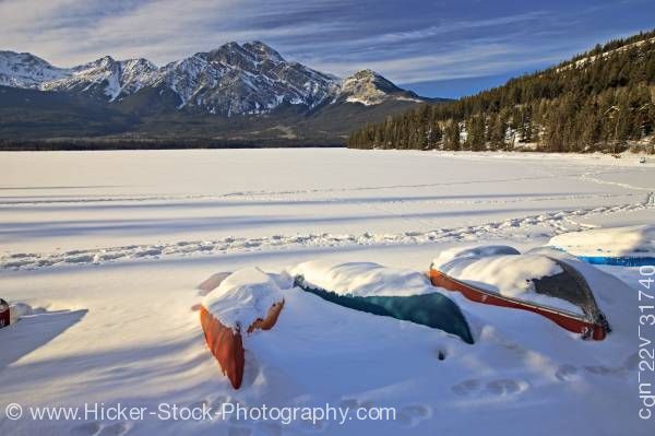 Stock photo of Pyramid Lake Canoes Jasper National Park Canadian Rocky Mountains Alberta Canada