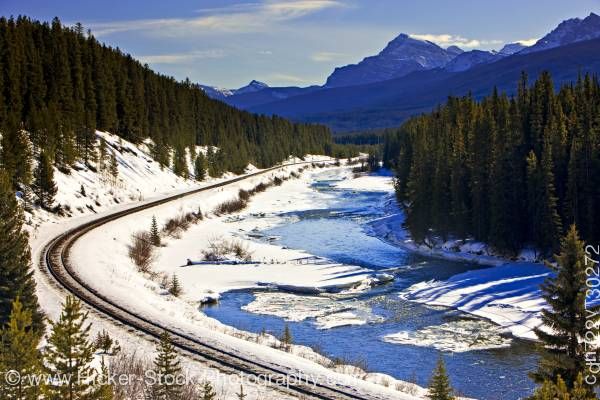 Stock photo of Railway Tracks Bow River Banff National Park Canadian Rocky Mountains Alberta Canada