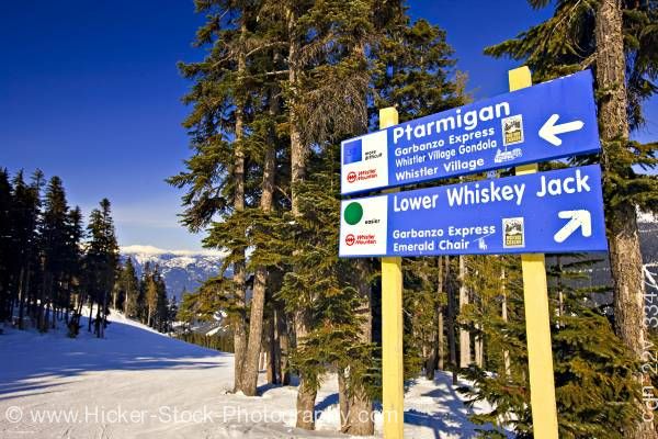 Stock photo of Ski Trail Signs Ptarmigan and Lower Whiskey Jack Whistler Mountain Whistler British Columbia Canada