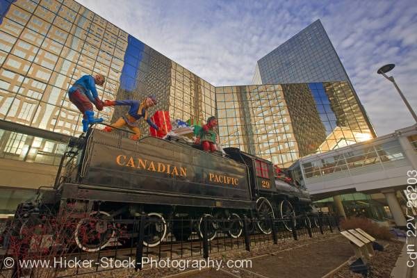 Stock photo of CPR Steam Locomotive 29 Canadian Pacific Railway Headquarters Gulf Canada Square Calgary Alberta